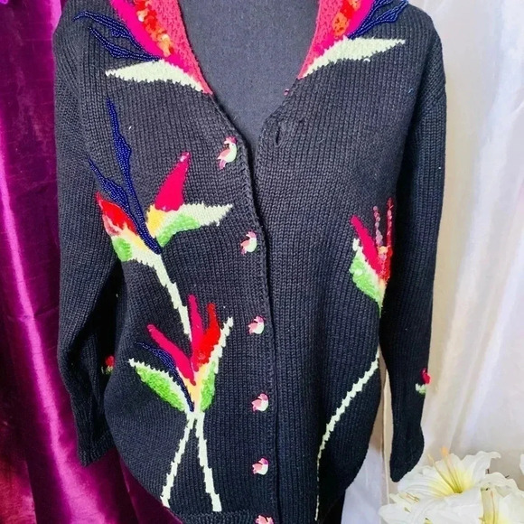 Vintage Black Storybook Knits Dreams of Paradise Embroidered Cardigan Sweater - Picture 2 of 7